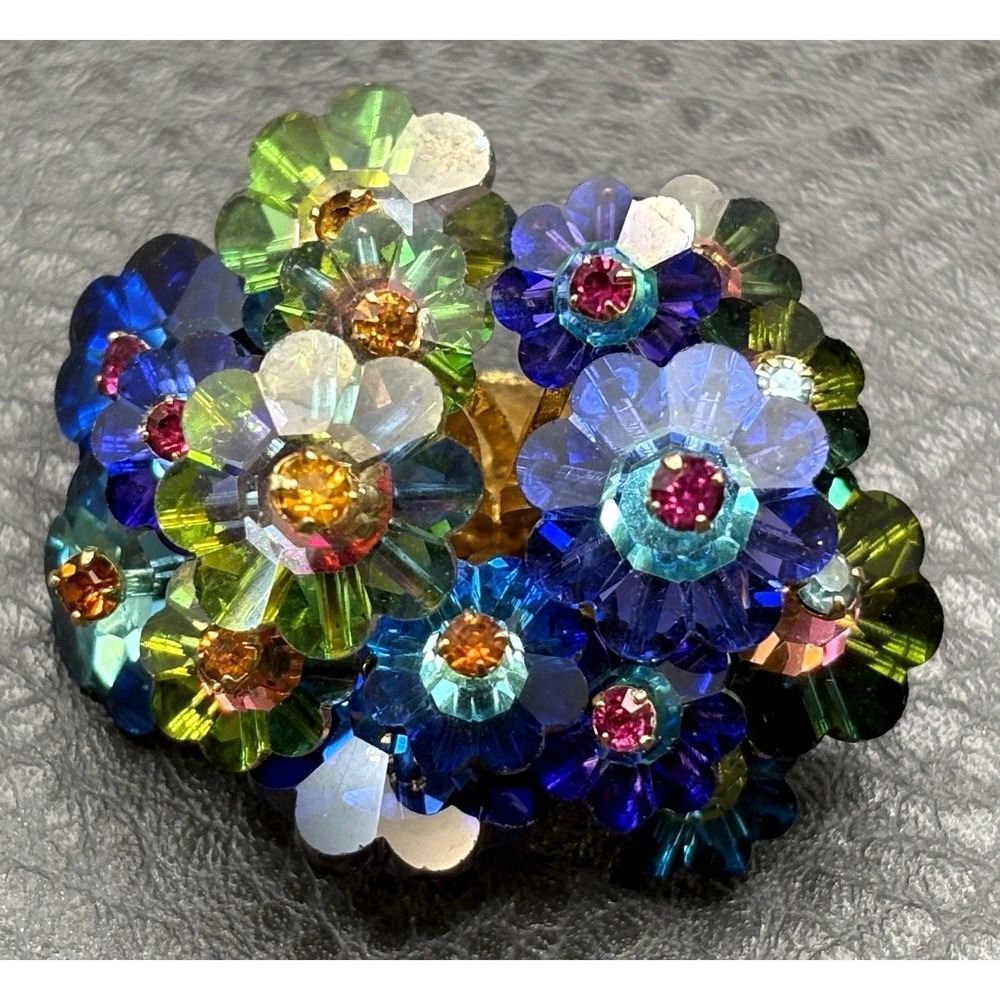 Austrian Rivoli Blue and GreenCrystal Flower Cluster Brooch Multicolor Gold Tone